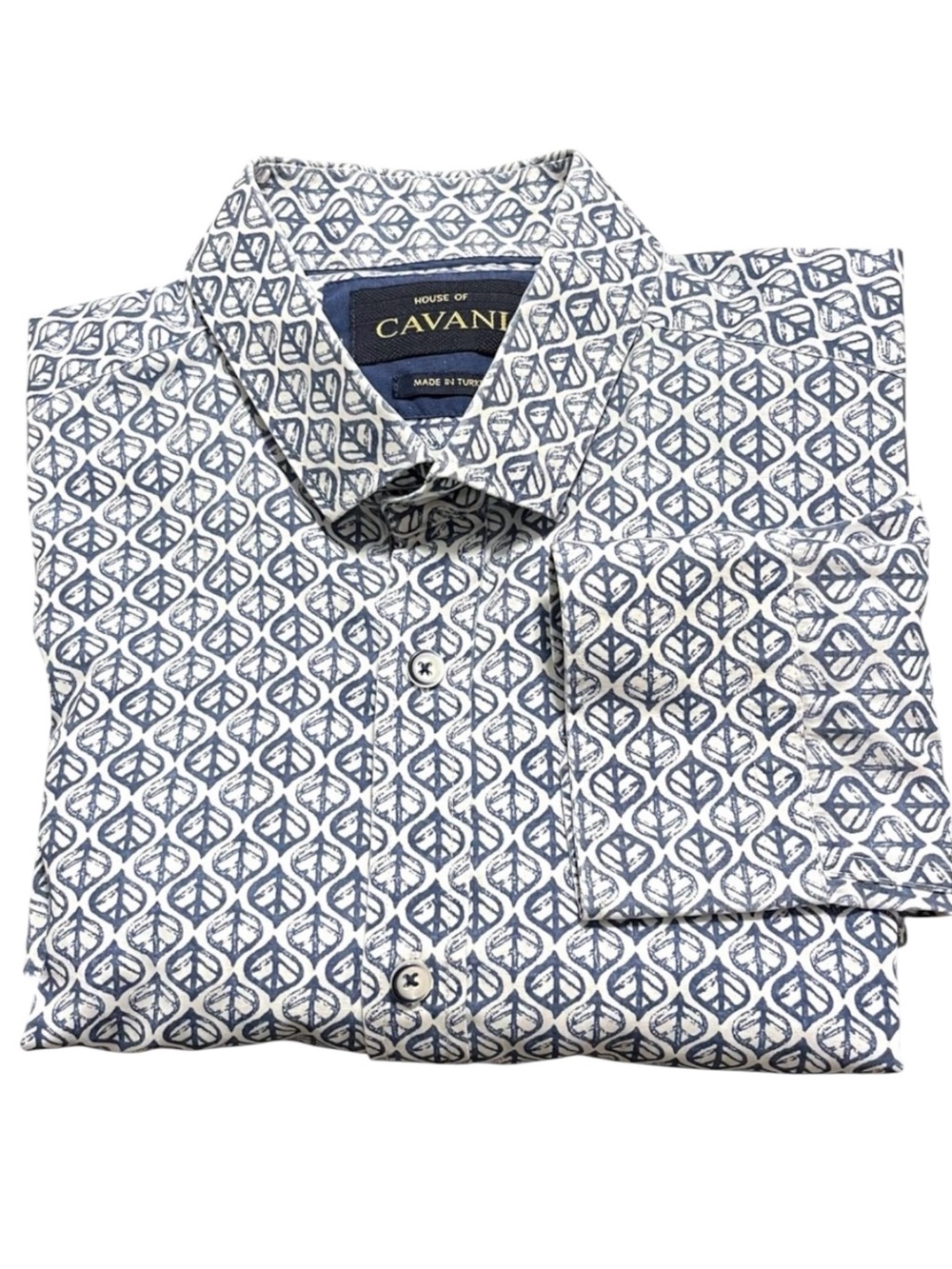 House of Cavani White/Blue Leaf Print Dress Shirt (XL/17.5)